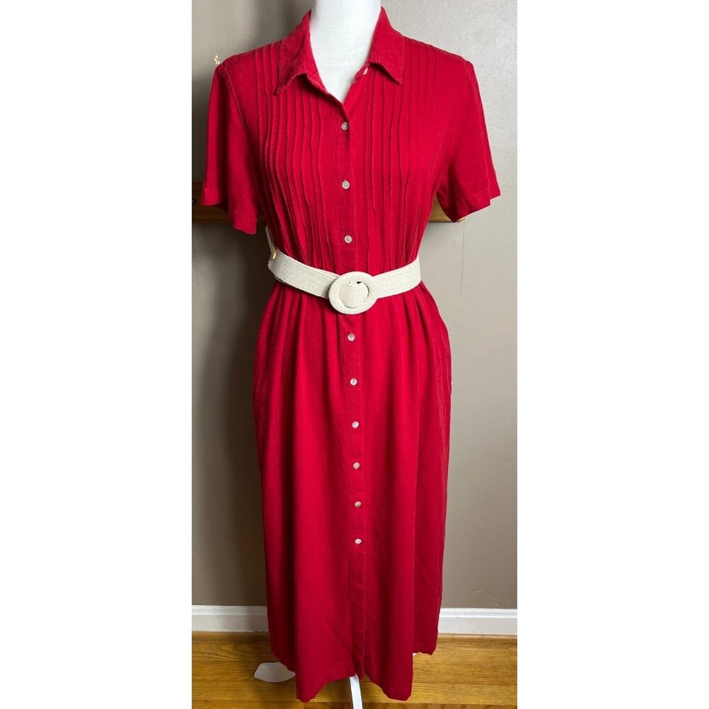 Vtg Orvis Linen Blend Dress Red Button Up Midi Pockets 90s Classic Preppy Wom 12 - Picture 2 of 11